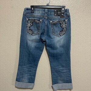 Miss Me Blue Cropped Jeans with Silver Embellishments